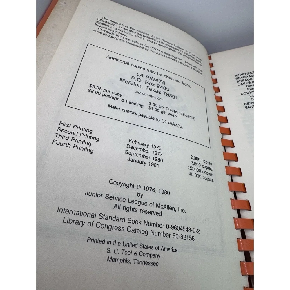 Vintage Cookbook : La Piñata McAllen Texas Junior League 1980 Spiral bound